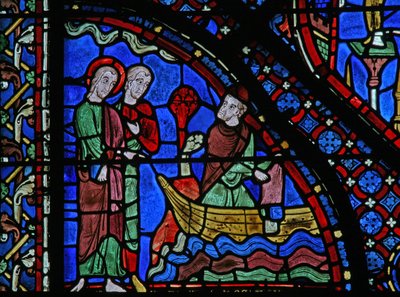 Het St. Jacobus raam: Almongenes (Hermogines) gooit zijn boeken in de zee door French School