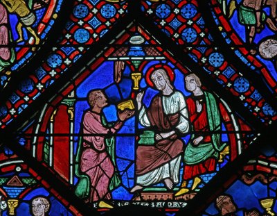 Het St. Jacobus raam: hij ontmoet Filetus met zijn toverboek door French School