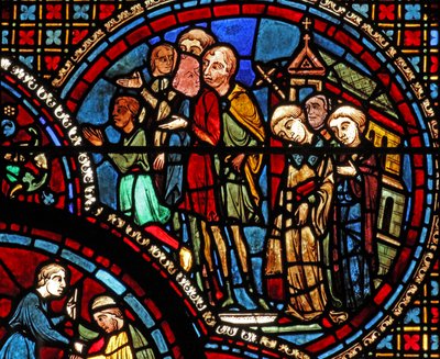 Het raam van Sint-Lubin: een processie verlaat een kerk door French School
