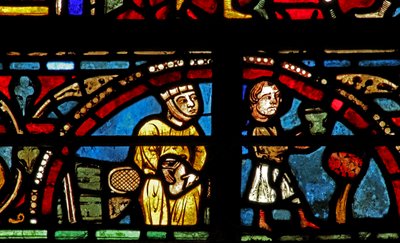 Het raam van Sint-Lubin: schenkers - wijnmakers: hij schenkt de wijn, zij houdt de geldzak vast! door French School
