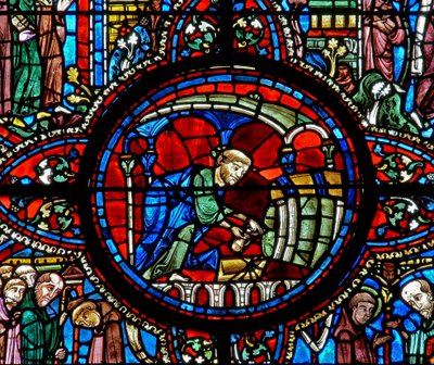 Het raam van Sint-Lubin: het tappen van de wijn in de kelder door French School