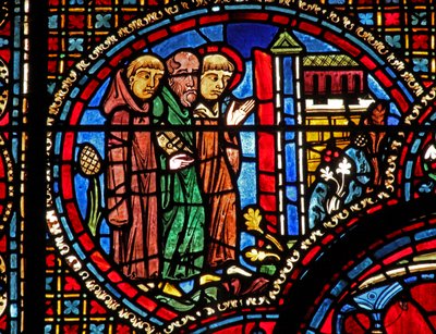 Het St. Lubin-raam: hij arriveert bij een kerk met twee monniken door French School