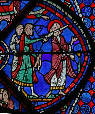 Het Sint-Thomasraam: aangevallen door een priester van de zon met een zwaard door French School