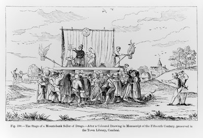 Het Podium van een Kwakzalver Verkoper van Geneesmiddelen, illustratie uit Wetenschap en Literatuur in de Middeleeuwen en de Renaissance, geschreven en gegraveerd door Paul Lacroix, 1878 door French School