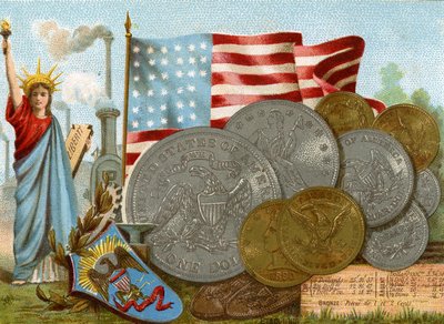 Het Vrijheidsbeeld naast een fabrieksschoorsteen, de Amerikaanse vlag en een display van dollars, ca. 1890 door French School
