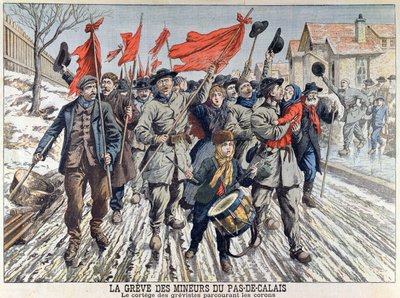 De staking van mijnwerkers in Pas-de-Calais, de processie van de stakers in het mijnwerkersdorp, uit Le Petit Journal, 1 april 1906 door French School
