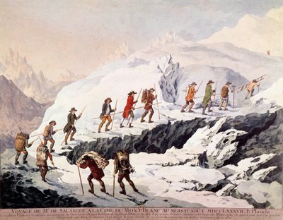 De Zwitserse natuurkundige Horace Benedict de Saussure en de Franse berggids Jacques Balmat maakten de tweede beklimming van de Mont Blanc in augustus 1787 door French School