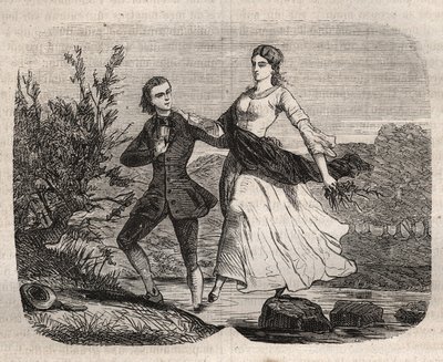 De Zwitserse filosoof Jean Jacques (Jean-Jacques) Rousseau (1712-1778) hielp Mademoiselle Galley een beek oversteken. Gravure uit 1871 in 