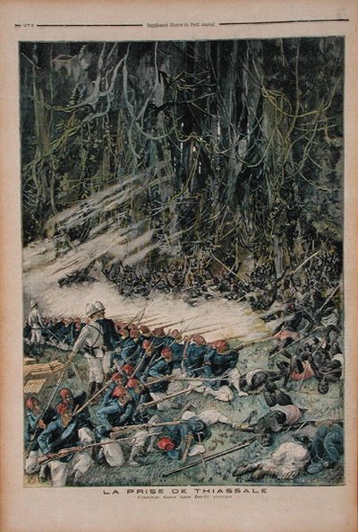De Inname van Thiassale, de Slag in het Maagdelijke Regenwoud, illustratie uit Le Petit Journal, 26 augustus 1893 door French School