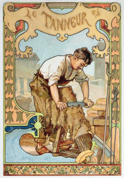 De leerlooier, illustratie uit een boek over ambachten, ca. 1899 door French School