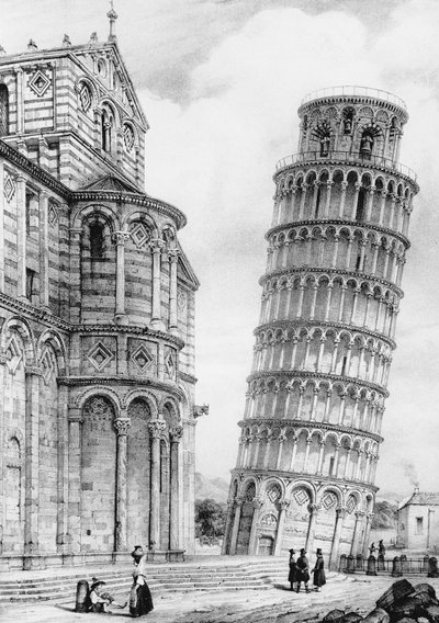 De Toren en de Kathedraal van Pisa (gravure) door French School