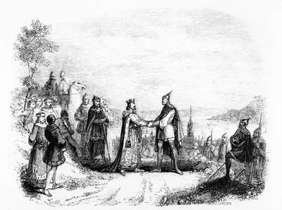 Het Verdrag van Saint Clair-sur-Epte tussen Karel III De Eenvoudige en Rollo de Viking in 911 door French School