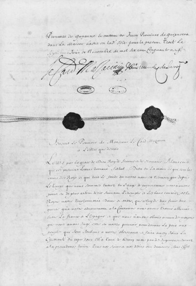 Het Verdrag van de Pyreneeën, ondertekend door Kardinaal Jules Mazarin en Don Luis Mendez de Haro, 7 november 1659 door French School