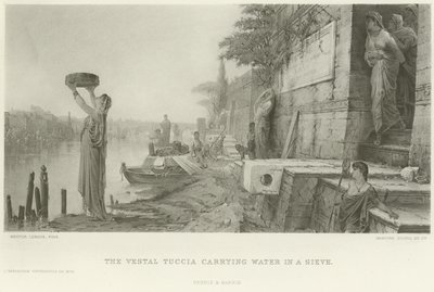 De Vestaalse Tuccia draagt water in een zeef (gravure) door French School