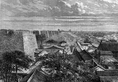 De muren van Peking, China. Gravure in 