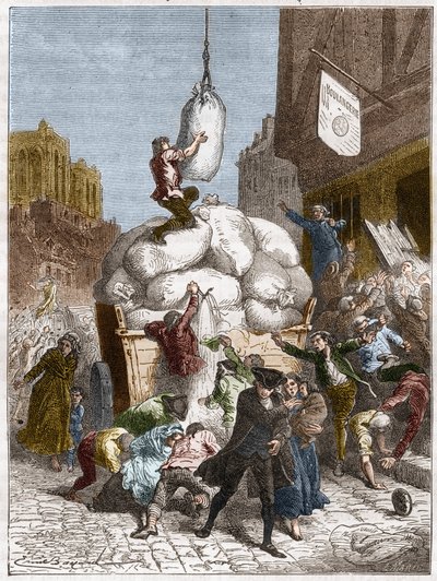 De Bloemenoorlog: Plundering van bakkerijen in Parijs, rond 1775 (eerste van de Franse Revolutie) (gravure) door French School