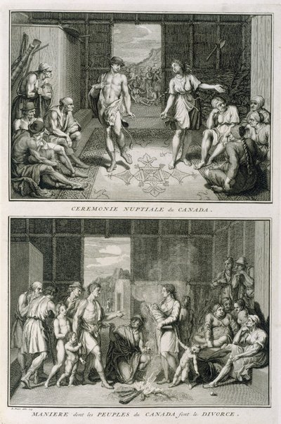 De Huwelijksceremonie en de Manier van Scheiden in Canada, illustratie uit Religieuze Ceremoniën en Gebruiken, gegraveerd door Bernard Picart (1673-1733) 1723 door French School