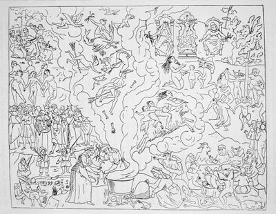 De Heksensabbat, kopie van een illustratie uit Tableau de linconstance des mauvais anges door Pierre de Lancre, Parijs 1612, gebruikt in Geschiedenis van de Magie, gepubliceerd eind 19e eeuw door French School