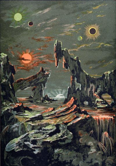 De Wereld van Vier Manen en Vier Zonnen, illustratie uit LAstronomie Populaire geschreven door Camille Flammarion (1842-1925) 1881 door French School