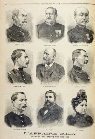 De Zola-affaire: portretten van de belangrijkste getuigen, illustratie uit de geïllustreerde bijlage van Le Petit Journal, 27 februari 1898 door French School