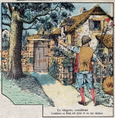 De eikel en de pompoen. Fabels van Jean de La Fontaine (1621-95). Epinal afbeelding eind 19e eeuw. door French School