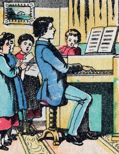 De activiteiten voor meisjes uit goede families: muziek leren - Epinal afbeelding - 19e eeuw (gravure) door French School