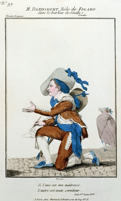 De acteur Dazincourt in het Theatre Francais in de rol van Figaro in De Barbier van Sevilla door Pierre Augustin Caron de Beaumarchais (1732-1799) door French School