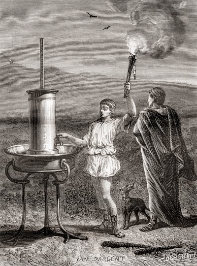 Het oude Griekse hydraulische semafoorsysteem gebruikt door Aeneas om een bericht te sturen, 4e eeuw v.Chr., uit Les Merveilles de la Science, gepubliceerd ca. 1870 door French School