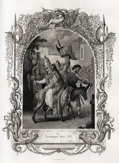 De tegenpaus Johannes XVI (997 tot 998). Gravure ter illustratie van Histoire des popes door Maurice Lachatre, librairie du progres, Parijs. door French School