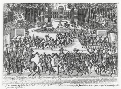De aankomst van Mehmed Celebi Efendi, ambassadeur van Sultan Ahmed III van Turkije, bij de Tuilerieën om ontvangen te worden door Lodewijk XV in 1721 (gravure) door French School