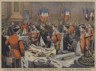De band van de Franse Republikeinse Garde bij een banket georganiseerd door de band van de Coldstream Guards in Londen door French School
