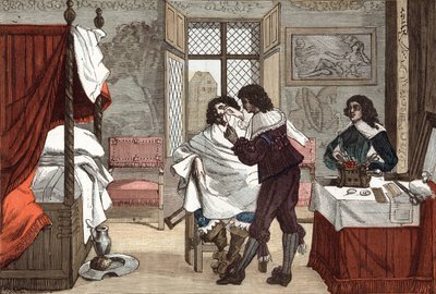 De barbier, Frankrijk, gravure door Abraham Bosse, ca. 1640, gravure uit 