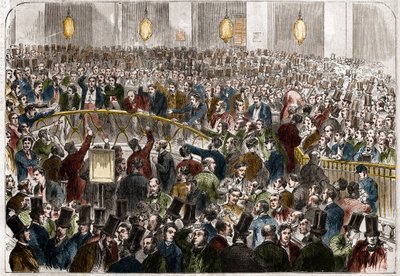 De mand van wisselagenten op de Parijse Beurs in 1867. door French School