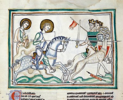 De strijd met de draak met zeven hoofden: ridders vechten met speren tegen een draak met meerdere hoofden, die de zeven koningen belichaamt. Miniatuur uit 