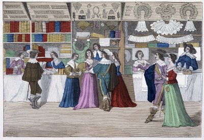 De boetieks van de galerij van het gerechtsgebouw onder Lodewijk XIII - in "Parijs door de eeuwen heen" door French School