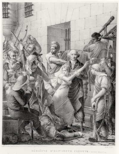 De moed van Elisabeth Cazotte die haar vader beschermt tegen de menigte (gravure) door French School