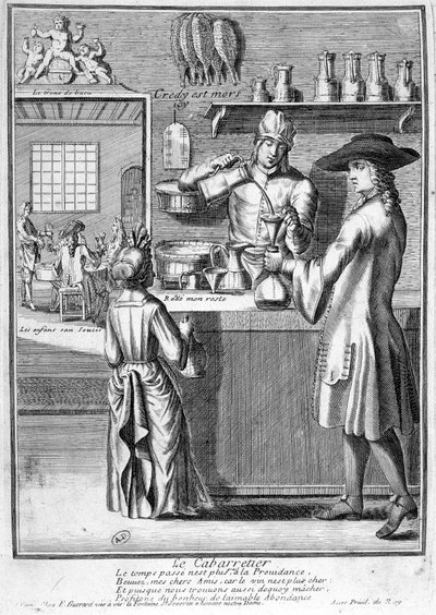 De kastelein bereidt de wijnkaraf - gravure door French School