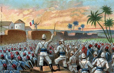 De verovering van Abomey, voormalige hoofdstad van Behanzin (het huidige Benin) door de Franse expeditieleger onder leiding van Generaal Alfred Amedee Dodds (17 november). door French School