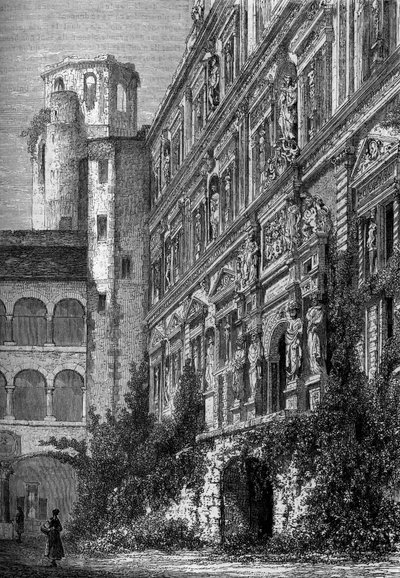 Het kasteel van Heidelberg in Duitsland, thuisbasis van een van de beroemdste universiteiten in Europa in de 19e eeuw. Gravure in het illustere tijdschrift 