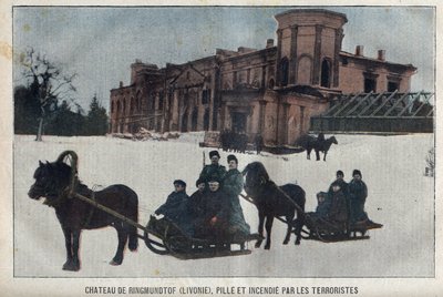 Het kasteel van Ringmundtof, Lijfland, geplunderd en in brand gestoken door Russische anarchistische revolutionairen. Rusland door French School