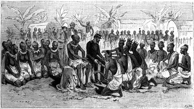 De hoofden van de kusten van Congo, die hun handen in die van ontdekkingsreiziger Pierre Savorgnan de Brazza (1852-1905) leggen, als teken van afstand van hun territoria. Gravure in 