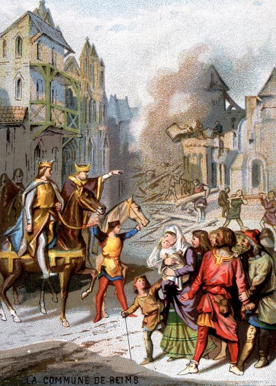 De gemeente Reims (1160) - Represailles van Lodewijk VII om de gemeenschappelijke vrijheden van de bourgeois van Reims te vernietigen. Chromolithografie van de serie 