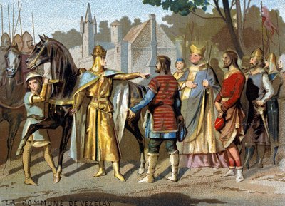 De gemeente Vezelay (1153): de abt Pons, de graaf van Nevers en de magistraten van Vezelay voor Lodewijk VII in Moret, nabij het bos van Fontainebleau, beslissen over de verdwijning van de gemeente. Chromolithografie van de serie 