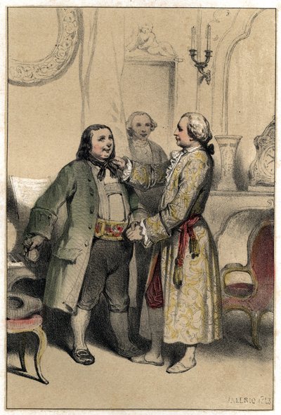 De componist Joseph Haydn ontving een man die hem vroeg een menuet te componeren voor de bruiloft van zijn dochter. Plaat uit "Scenes de la vie des hommes célèbres" gravure in twee tinten door Valerio. 1843 door French School