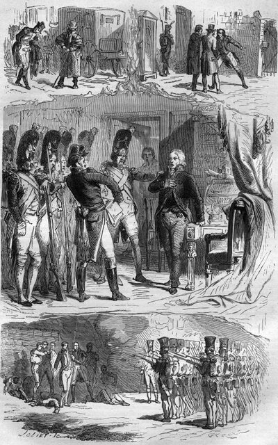 De samenzwering van Claude François de Malet (1754-1812) generaal van het Keizerrijk, auteur van de staatsgreep van 1812 tegen Napoleon, tijdens de Russische terugtocht. Gravure in 