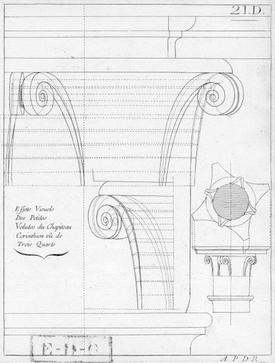 Het Korinthische kapiteel, illustratie uit een boek over geometrie, 18e of 19e eeuw, gepubliceerd Avec Privilege du Roy et E.. du Gouvernement door French School
