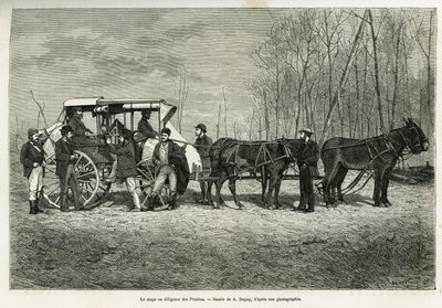 De koets of diligence op het paard van de prairies, tekening door A.Dupuis, ter illustratie van het verhaal van een excursie naar Canada en de noordelijke rode rivier, in 1873, door H. de Lamotte. Gravure in Le tour du monde door French School