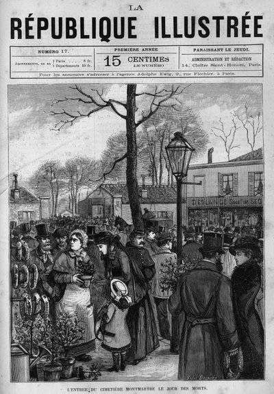 De menigte voor de ingang van de Montmartre-begraafplaats in Parijs op Allerheiligen. Een krant. Gravure uit 1880 in 