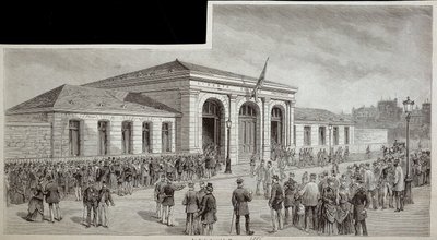 De menigte voor het mortuarium in Parijs in 1886 door French School