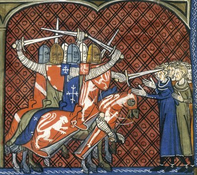 De kruistocht tegen de Albigenzen, c1325-c1350. Soldaten te paard zwaaiend met zwaarden vallen een groep Albigenzen aan. Paus Innocentius III predikte een heilige oorlog tegen de Albigenzische christenen, omdat hij bang was voor de verspreiding van hun ove door French School